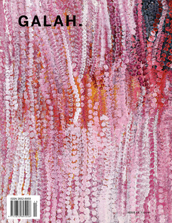 Ralph Bristow In Galah Magazine Issue 13. Cover is a painting on pink and white by Emily Kam Kngwarray